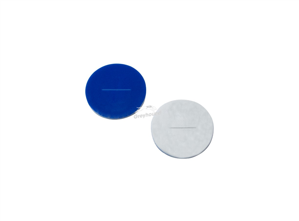 Picture of Blue PTFE/White Silicone Septa 10.5mm x 1mm, Cross-Slit, for 11mm Snap Caps, (Shore A 55)